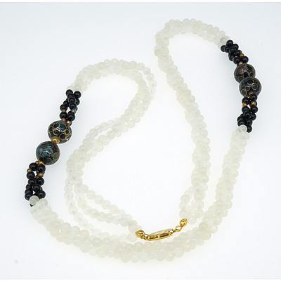 Necklace with Four Cloisonne Beads and Black and Translucent White Chalcedony Beads