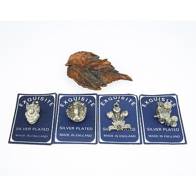 Four Silver Plated Charms and Maple Leaf Brooch