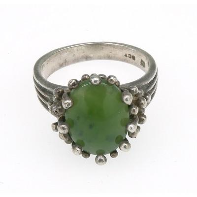9ct White Gold Abstract Style Ring with Oval Cabochon of Greenstone Jade