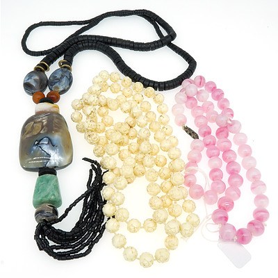 Decorative Necklace with Large Shell Form Pendant, Glass Beads Necklace and a Plastic Bead Necklace