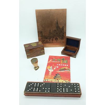 Concordant China Coin Set, Miniature Brass Pitcher, Vintage Dominos Set, Two Trinket/Card Boxes and a Metal Picture