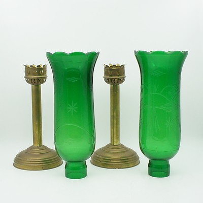 Pair of Brass Storm Lamps with Cut Glass Shades
