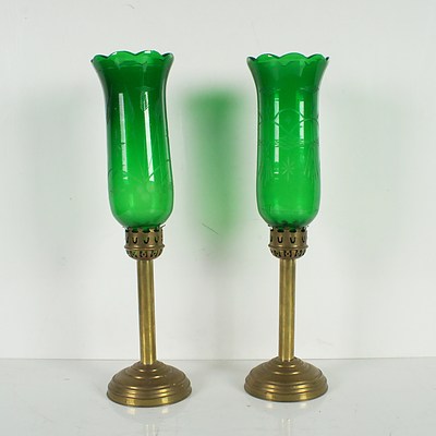 Pair of Brass Storm Lamps with Cut Glass Shades