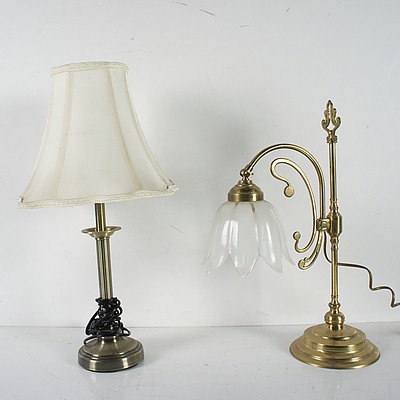 Four Decorative House Lamps Including Brass and Glass Shade Tulip Style Lamp