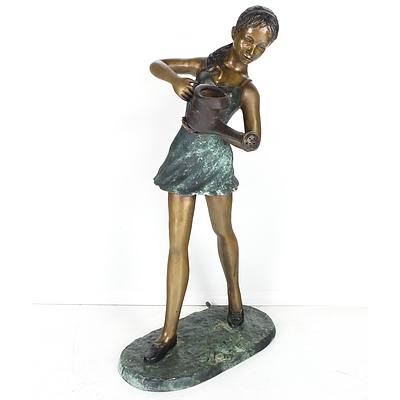 Lady with Watering Can Bronze Water Statue