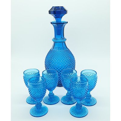Blue Moulded Glass Decanter Set
