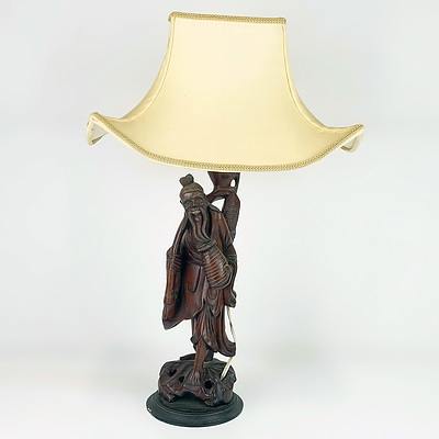 Chinese Hardwood Carving Of A Fisherman Mounted As A Lamp