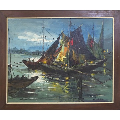 South East Asian School Fishing Boats Oil on Canvas