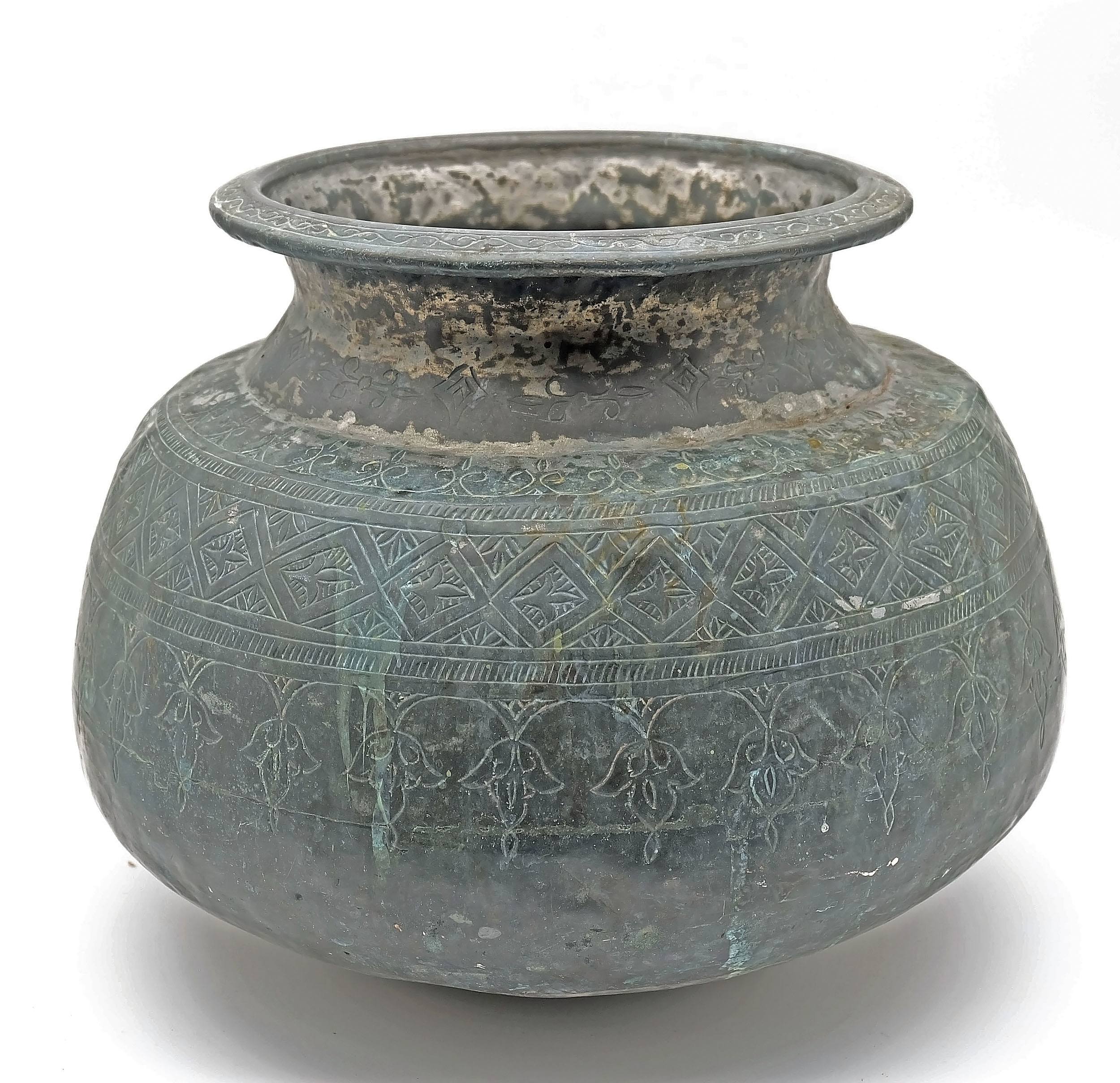 'Antique Indo Persian Tinned Copper Storage Vessel with Engraved Design'