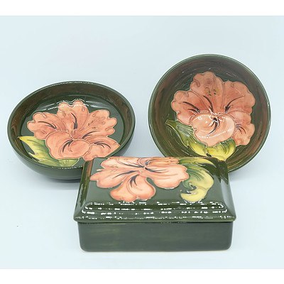 Moorcroft Green Bud Trinket Box and Two Bowls with Orange Hibiscus Flower Design