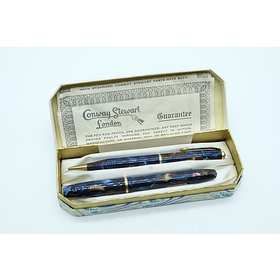 Conway Steward No 25 and Dinkie 550 Blue and Brown Marbled Pen with 4ct Gold Nib