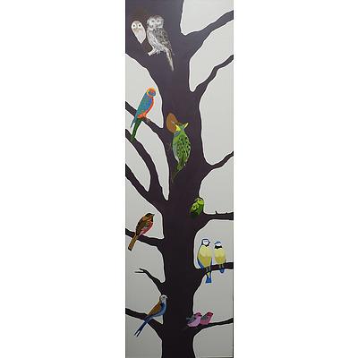 Kevin Keane Tree Trunk with Birds Oil on Canvas