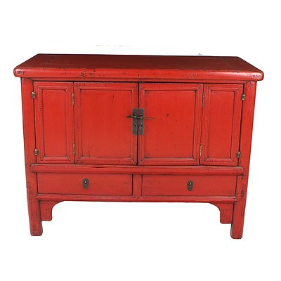 Chinese Red Lacquer Low Cabinet