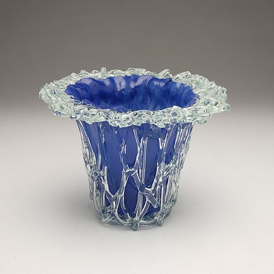 Peter Crisp Slumped Blue Glass Vase with Fuzed Clear Glass Trailing and Rim