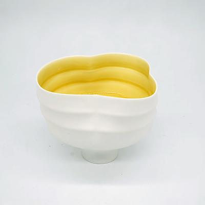 Victor Greenaway (1947-) Scalloped Banded Porcelain Bowl with Yellow Internal Glaze