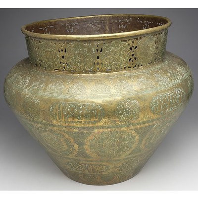 Antique Islamic Brass Jardiniere, Finely Engraved with Arabesques and Quranic Inscriptions, Cairo or Damascus Early 20th Century