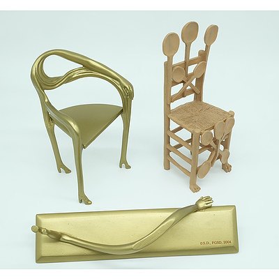 Three Salvador Dali Miniatures Including Silla Cusharaa Chair, Silla Leda High Heels and Mesa Dorada Huevo Table