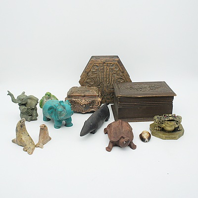 Group of Stone, Ceramic, and Hardwood Animal Ornaments and Three Decorative Jewellery Boxes