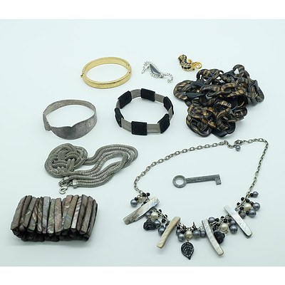 Group of Assorted Jewellery Including a Rolled Gold Bangle, Two Seahorse Brooches and More