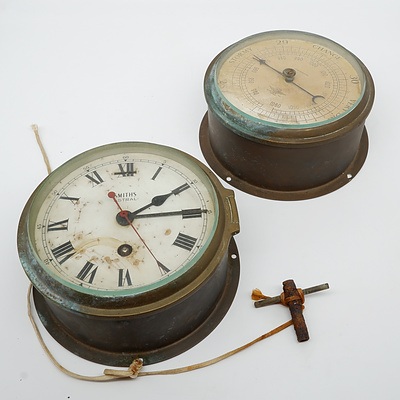 Smiths Astral Brass Ship Bulkhead Clock and Brass Ship Bulkhead Barometer