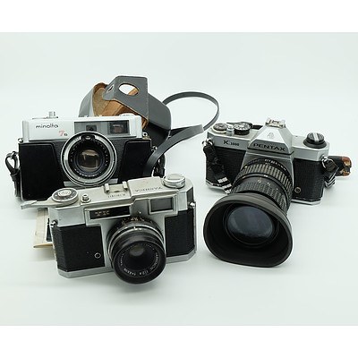 Yashica K1011411 Film Camera, Asahi Pentax K1000 Film Camera and a Minolta 7s Film Camera