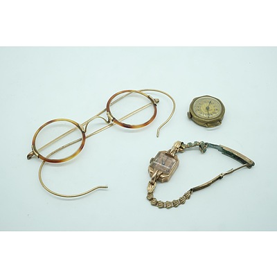 Rolled Gold and Tortoise Shell Spectacles, 9ct Gold Jewelor Watch and a Swiss Made Watchface