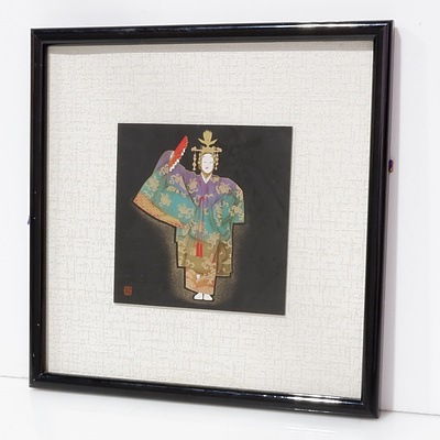 Three Japanese Geisha Figures Artworks Oil on Silk, Paper collages and More