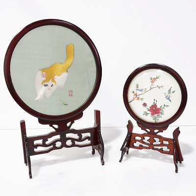 Two Chinese Embroidery Silk Screen on Stands