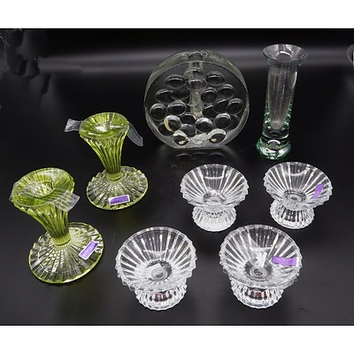 Set of Four Waterford Clear Crystal Stands, Two Waterford Green Crystal and Walther-Glas Candle Holders and Visla Vase