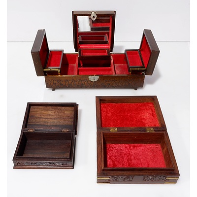 Collection of Oriental Carved Wood Stands and Engraved Boxes