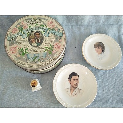 Prince Charles & Diana Royal Wedding Day Memorabilia: 2x Royal Albert plates Toffee tin & thimble
