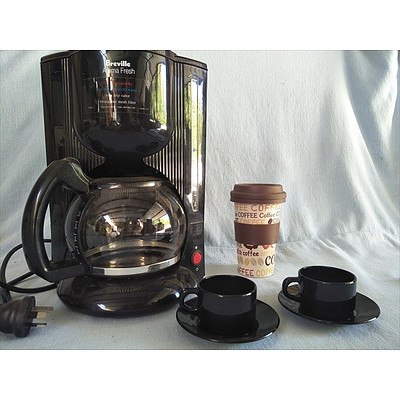 Breville Aroma Fresh 10-12 cup drip filter coffee maker set of 2 Arcoroc Espresso cups & saucers plus ceramic keep cup