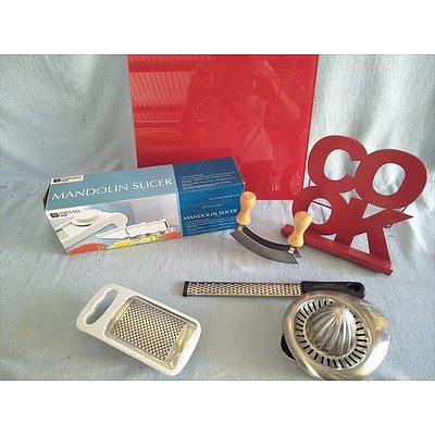 Assorted kitchenware - Mandolin Slicer (new in box) red glass chopping board cookbook stand graters chopper and citrus juicer