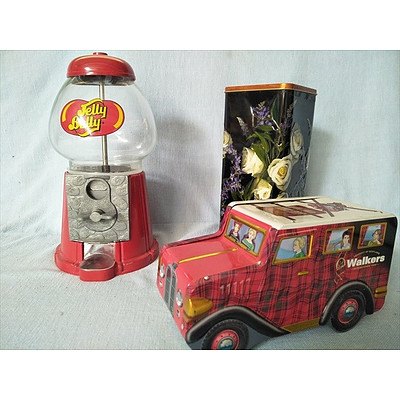 Retro jelly bean dispenser and 2 novelty biscuit tins