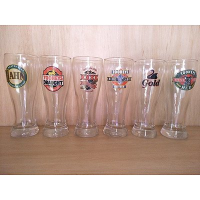 Set of 6 retro beer glasses: Tooheys x 3 Han Gold and XXXX