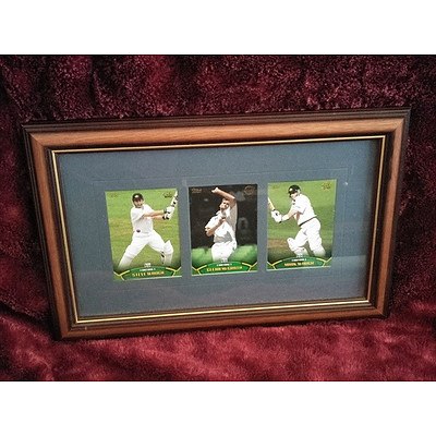 Three framed cricket Legends - Steve Waugh (C25) Glen McGrath (C17) and Mark Waugh (C24) - Topps Cricket Cards ACB Gold 2002