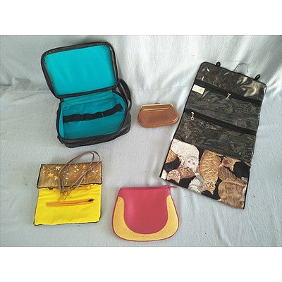 Assorted toiletry jewellery & makeup bags change purse and clinique pouch