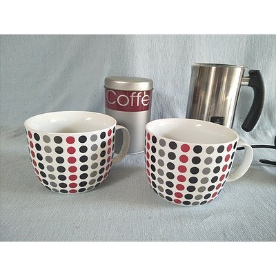 Expressi milk frother 2 large House & Home coffee mugs and metal coffee tin