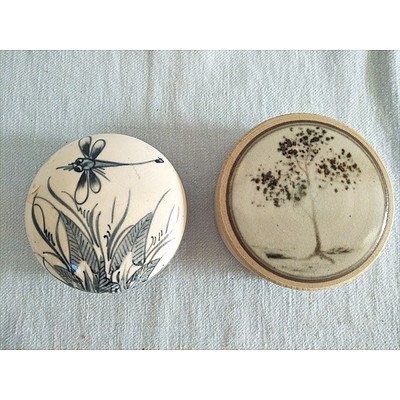 Pair of lidded trinket dishes: Dragonfly & Tree