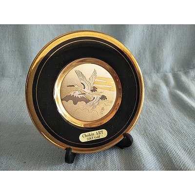 Japanese Chokin art miniature plate (24kt Gold Plate) with stand