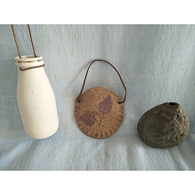 Assorted pottery - 110mm bud vase hanging pouch & milk bottle style vessel with strap