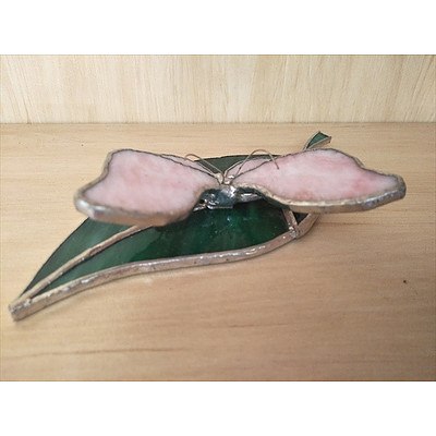 Handcrafted leadlight glass ornament of Butterfly on a leaf