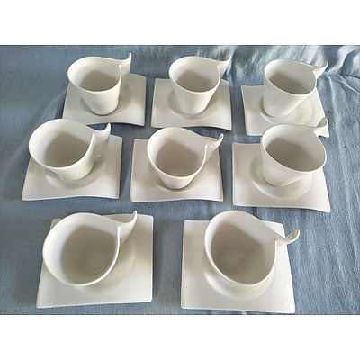 Set of 8 Funky Coffee Cups with scroll handle and rectangular saucers