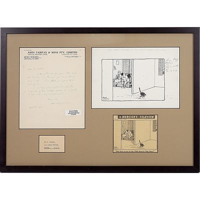 Emile Mercier (1901-81) Framed Pen and Ink Cartoon, Letter, and Clipping