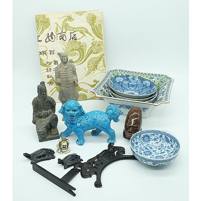 Group of Oriental Blue and White Porcelain, Small Warriors and Animal Ornaments