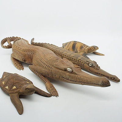 Polynesian Carved Turtle Bowl and Papua New Guinea Crocodiles