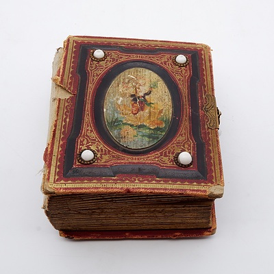 Antique Gilt Tooled Leather Bound Photo Album with Miniature Paintings on Covers