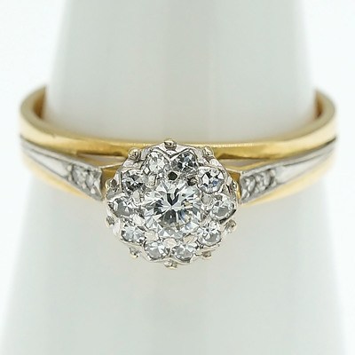 18ct Yellow Gold Ring with Round Cluster Including One Round Brilliant Cut Diamond and Ten Single Cut Diamonds Around
