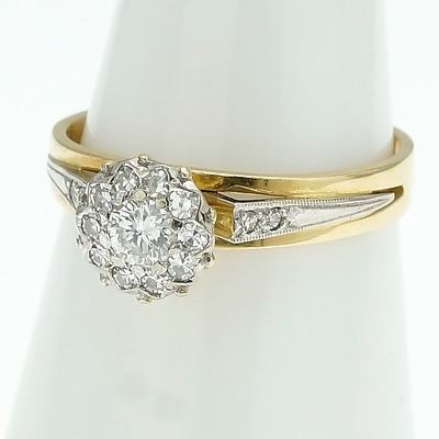 18ct Yellow Gold Ring with Round Cluster Including One Round Brilliant Cut Diamond and Ten Single Cut Diamonds Around