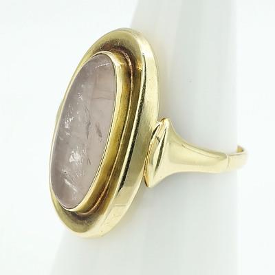 14ct Yellow Gold Ring With Long Oval Rose Quartz in a Bezel Setting with a Frame Around
